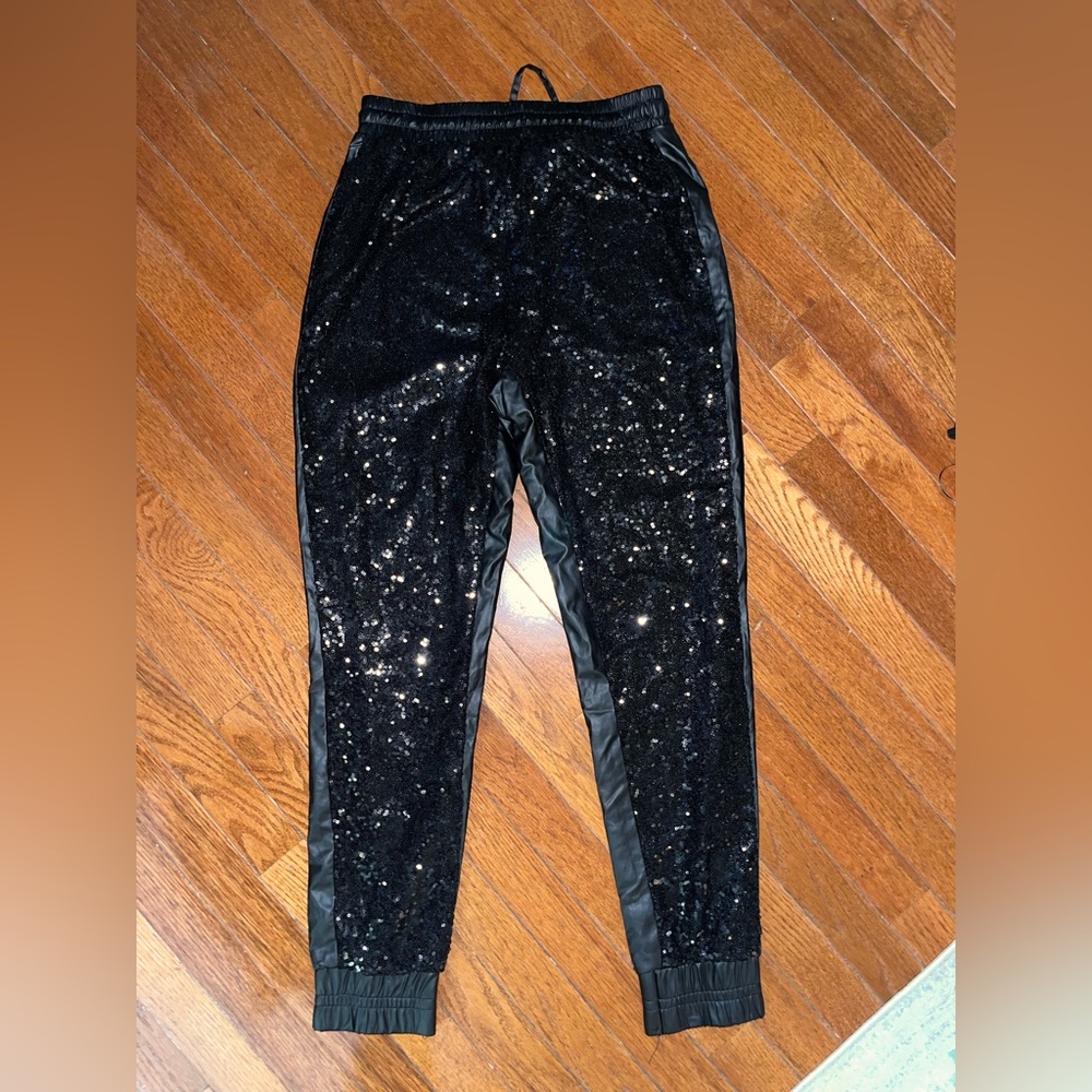 Women’s faux leather Sequin Joggers in Shimmering Black